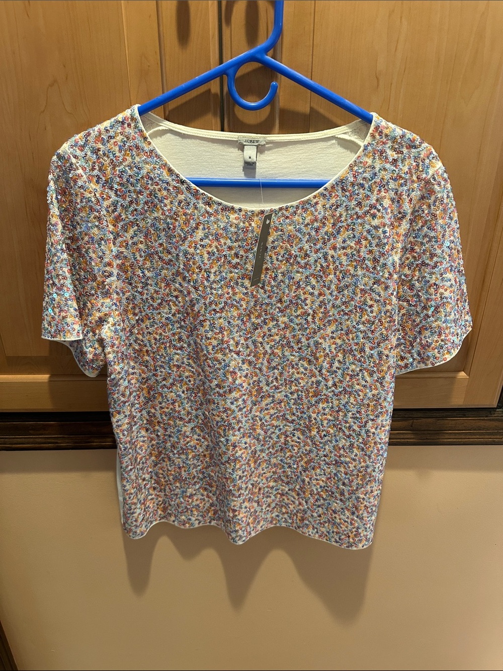 J. Crew White Short-Sleeve Tee with Multicolor sequin Print
